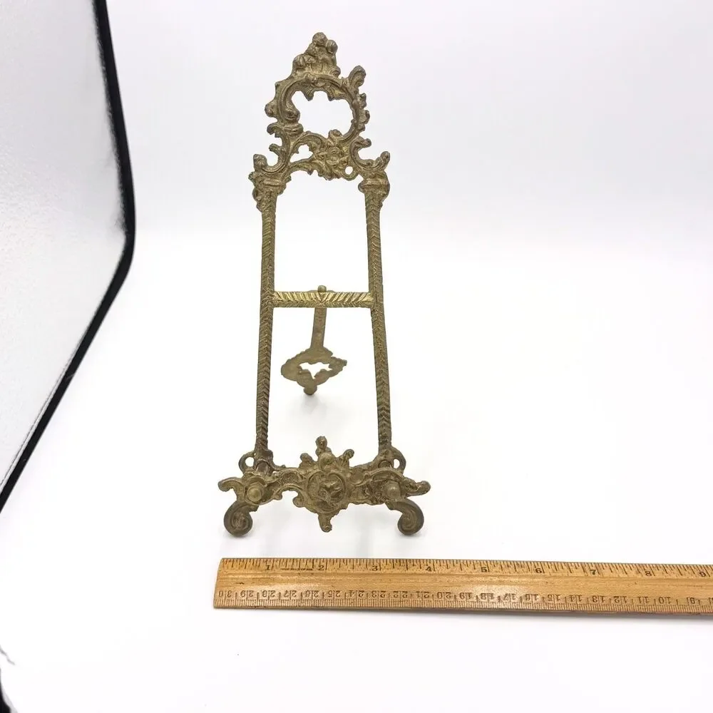 Vintage Ornate Brass Easel Picture Frame Plate Display Stand Rococo Victorian